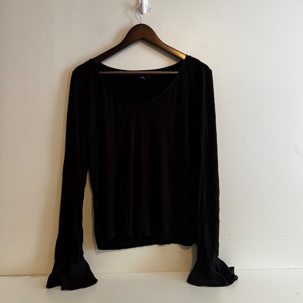 Chaps Women's L Chocolate Brown Bell Sleeve Ruffle V-Neck Top Earth Fairy Fall